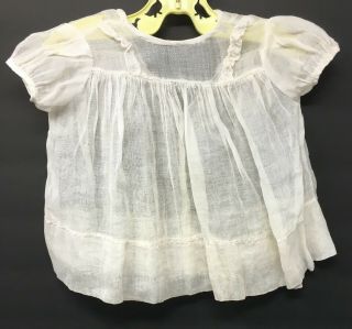 Vintage Doll Or Girls Infant Off White Sheer Organdy Dress W/ Lace Trim On Top