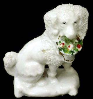 Small Antique Staffordshire Porcelain Poodle Dog Holding Basket in Mouth 2