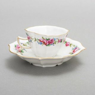Antique Meissen Porcelain Cup & Saucer Hand - Painted Roses Gold Rim Quatrefoil