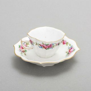 Antique Meissen Porcelain Cup & Saucer Hand - Painted Roses Gold Rim Quatrefoil 2