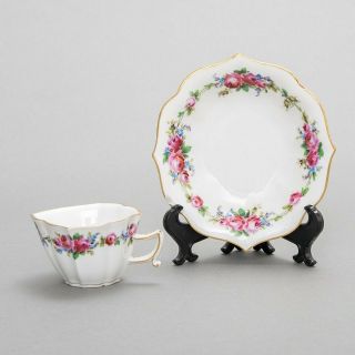 Antique Meissen Porcelain Cup & Saucer Hand - Painted Roses Gold Rim Quatrefoil 3