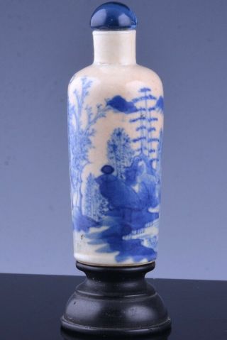 FINE 19THC CHINESE BLUE WHITE CRACKLE GLAZE SNUFF BOTTLE w STAND YONGZHENG MARKS 2