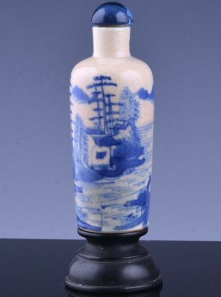 FINE 19THC CHINESE BLUE WHITE CRACKLE GLAZE SNUFF BOTTLE w STAND YONGZHENG MARKS 3