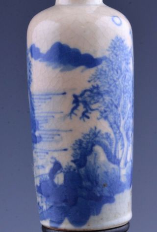 FINE 19THC CHINESE BLUE WHITE CRACKLE GLAZE SNUFF BOTTLE w STAND YONGZHENG MARKS 4