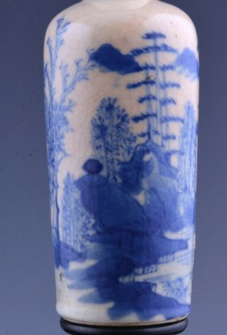 FINE 19THC CHINESE BLUE WHITE CRACKLE GLAZE SNUFF BOTTLE w STAND YONGZHENG MARKS 5