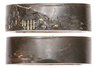 Antique Japanese Fuchi Shibuichi Temple Sword Fitting Tsuka Handle Koshirae Old