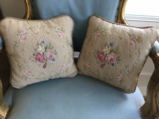 Pair Vintage Rose Petit Point Needlepoint Pillows