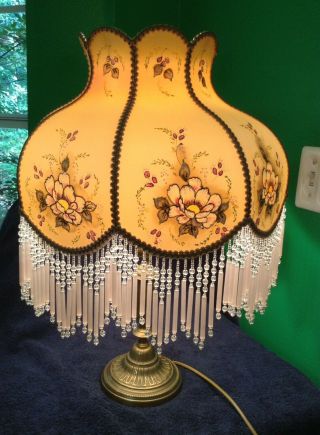 Gorgeous Art Deco Brass Electric Lamp W/hand Painted,  Artist Signed Lamp Shade