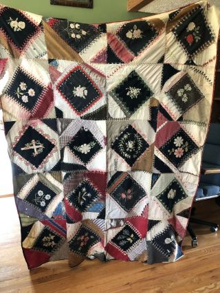 19th Century Crazy Quilt Top W/silk Embroidery