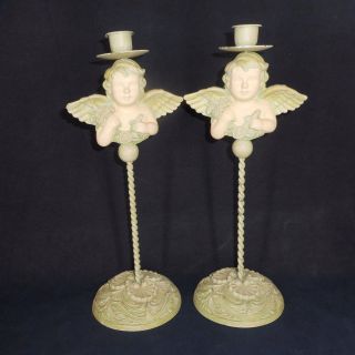Set 2 Vintage Winged Cherub Candle Holders Taper Footed Wrought Iron Style Green