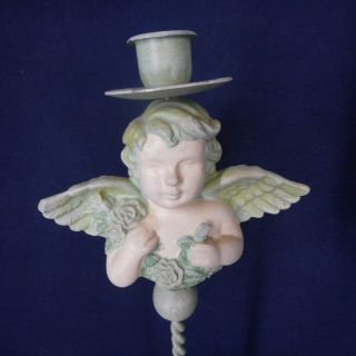 Set 2 Vintage Winged Cherub Candle Holders Taper Footed Wrought Iron Style Green 2