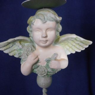 Set 2 Vintage Winged Cherub Candle Holders Taper Footed Wrought Iron Style Green 4