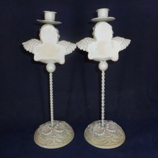 Set 2 Vintage Winged Cherub Candle Holders Taper Footed Wrought Iron Style Green 6