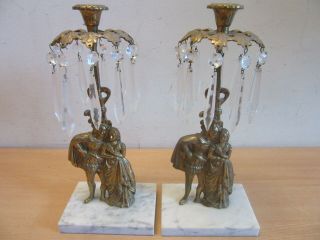 Pair Antique Victorian Brass,  Marble & Prism Girandole 13.  5 " Candle Holders