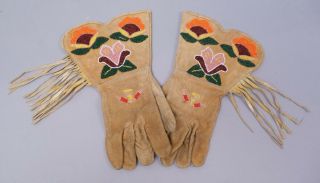 Antique Pair Early 20c American Indian Beaded Leather Fringe Gauntlet Gloves