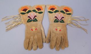 Antique Pair Early 20c American Indian Beaded Leather Fringe Gauntlet Gloves 2