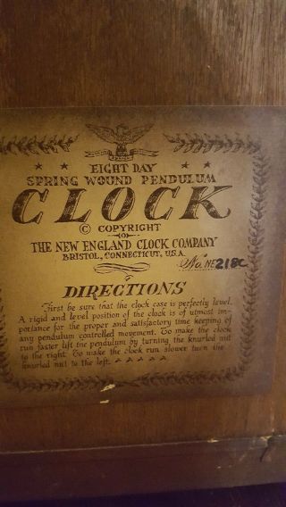 Antique England Clock Company.  Eight Day Spring Wound Pendulum.