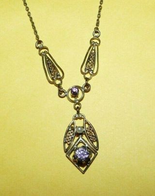 Vtg Antique Victorian Gold Filled W/ Amethyst & Seed Pearl Lavaliere Necklace