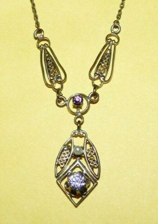 VTG ANTIQUE VICTORIAN GOLD FILLED w/ AMETHYST & SEED PEARL LAVALIERE NECKLACE 2