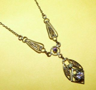 VTG ANTIQUE VICTORIAN GOLD FILLED w/ AMETHYST & SEED PEARL LAVALIERE NECKLACE 3