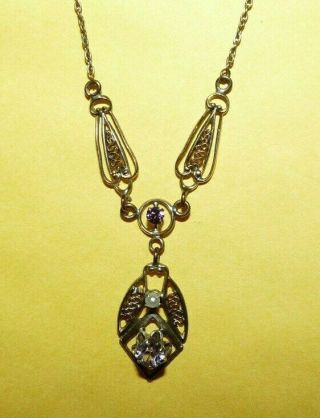 VTG ANTIQUE VICTORIAN GOLD FILLED w/ AMETHYST & SEED PEARL LAVALIERE NECKLACE 4