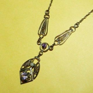 VTG ANTIQUE VICTORIAN GOLD FILLED w/ AMETHYST & SEED PEARL LAVALIERE NECKLACE 5