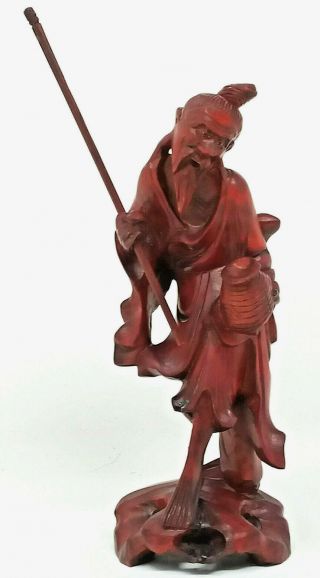 Vintage Wooden Carved Hardwood Oriental Chinese Figure With Pot And Staff