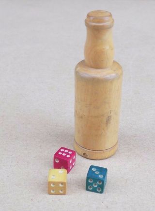 Vintage Wooden Treen Dice Shaker With 3 Miniature Dice