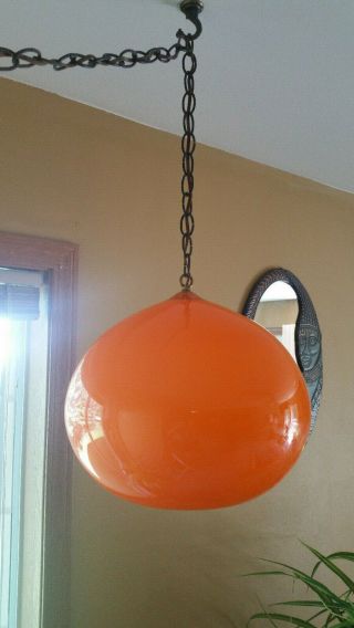 Vintage Mid Century Hanging Swag Lamp Light Huge Orange Glass Globe Retro