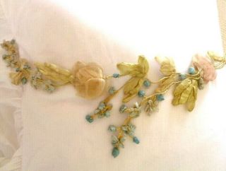 Exquisite Victorian French Silk And Silk Chiffon Ribbonwork Roses On Vine