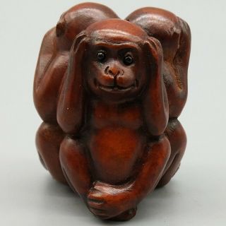 Hand Carved Japanese Boxwood Netsuke Three Wise Monkeys Wood Carving Figurine