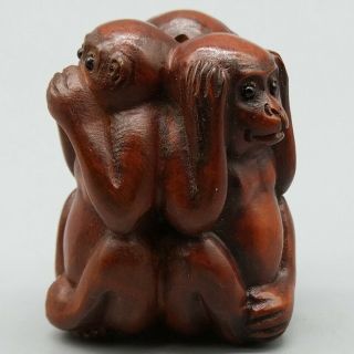Hand Carved Japanese Boxwood Netsuke Three Wise Monkeys Wood Carving Figurine 2