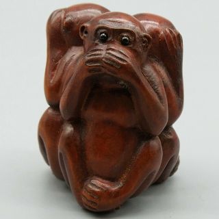 Hand Carved Japanese Boxwood Netsuke Three Wise Monkeys Wood Carving Figurine 3