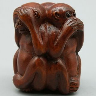 Hand Carved Japanese Boxwood Netsuke Three Wise Monkeys Wood Carving Figurine 4