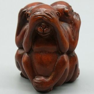 Hand Carved Japanese Boxwood Netsuke Three Wise Monkeys Wood Carving Figurine 5
