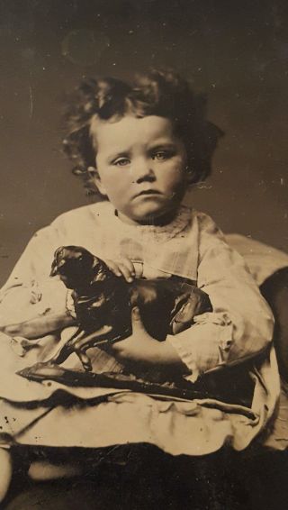 Vintage Antique Tintype Photograph Little Girl With Dog Statue Toy