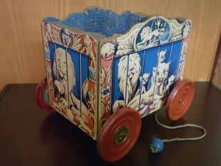 Antique Wooden Circus Wagon Pull Toy By The Gong Bell Mfg.  Co.