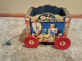 Antique Wooden Circus Wagon Pull Toy by The Gong Bell Mfg.  Co. 4