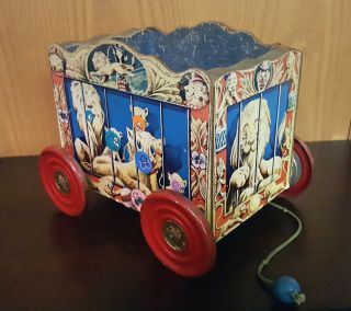 Antique Wooden Circus Wagon Pull Toy by The Gong Bell Mfg.  Co. 7