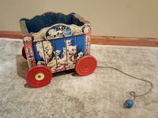Antique Wooden Circus Wagon Pull Toy by The Gong Bell Mfg.  Co. 8