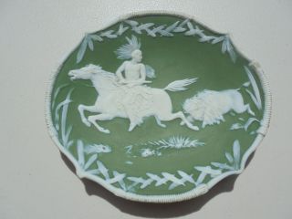 Antique Heubach Germany Green Jasperware Indian On Horse W Buffalo Bison Tray