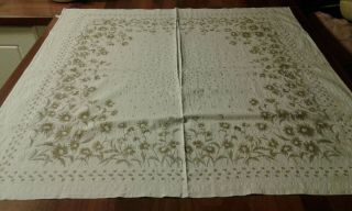 Vintage Retro White Cotton & Green Floral Tablecloth 33 " X 33 "