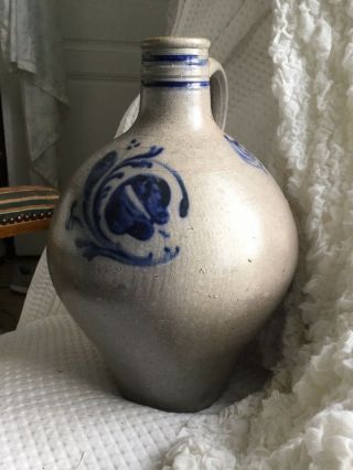 Lg Antique French Stoneware Cobalt Blue Alsace 1800’s Salt Glaze Jug Wine Water