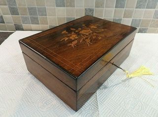 Antique 19thc French Inlaid Rosewood Box With Floral Marquetry - Lock & Key