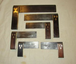 6 Antique / Vintage Woodworking Squares Wooden And Brass Old Woodworking Tools