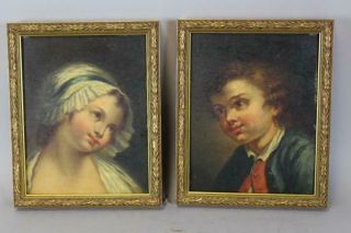 Fine Early Miniature 18th C Oil On Board Portraits Of A Boy & Sister