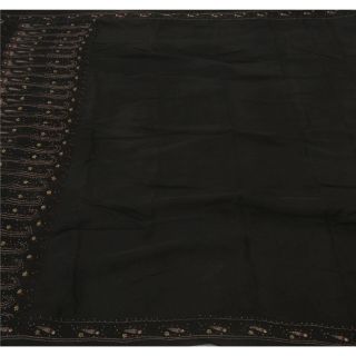 Tcw Vintage Saree Pure Silk Hand Beaded Black Craft Fabric Premium Antique Sari 3