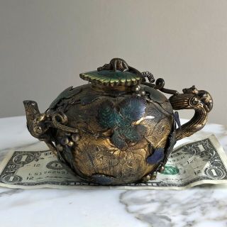 Antique Chinese Bronze,  Champleve Enamel Wine Pot/teapot - Qing - Squirrel,  Grapes
