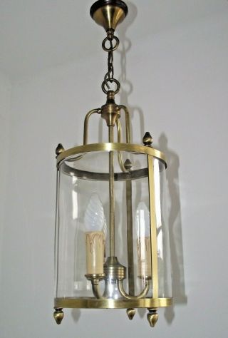 Large Antique French Round Glass & Brass 3 Light Hall Lantern Chain & Rose 1360