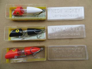 3 Vtg Neon Mickey Salmon Plug/lures - All " Different Colors " & W/orig Boxes Too